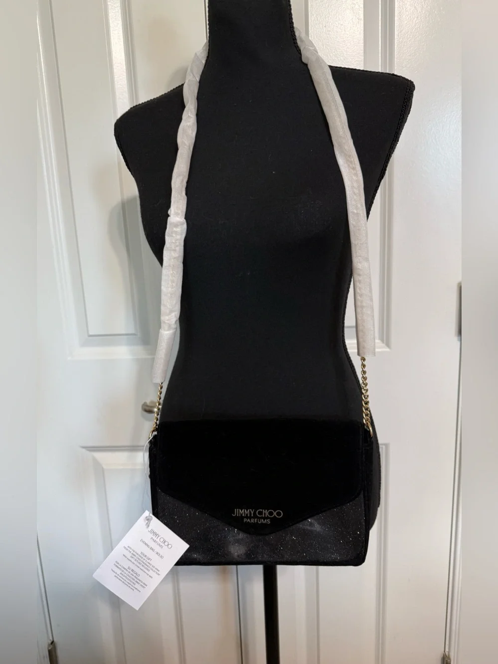 NWT Jimmy Choo Perfums Black Velvet Glitter Evening Bag Clutch Gold chain